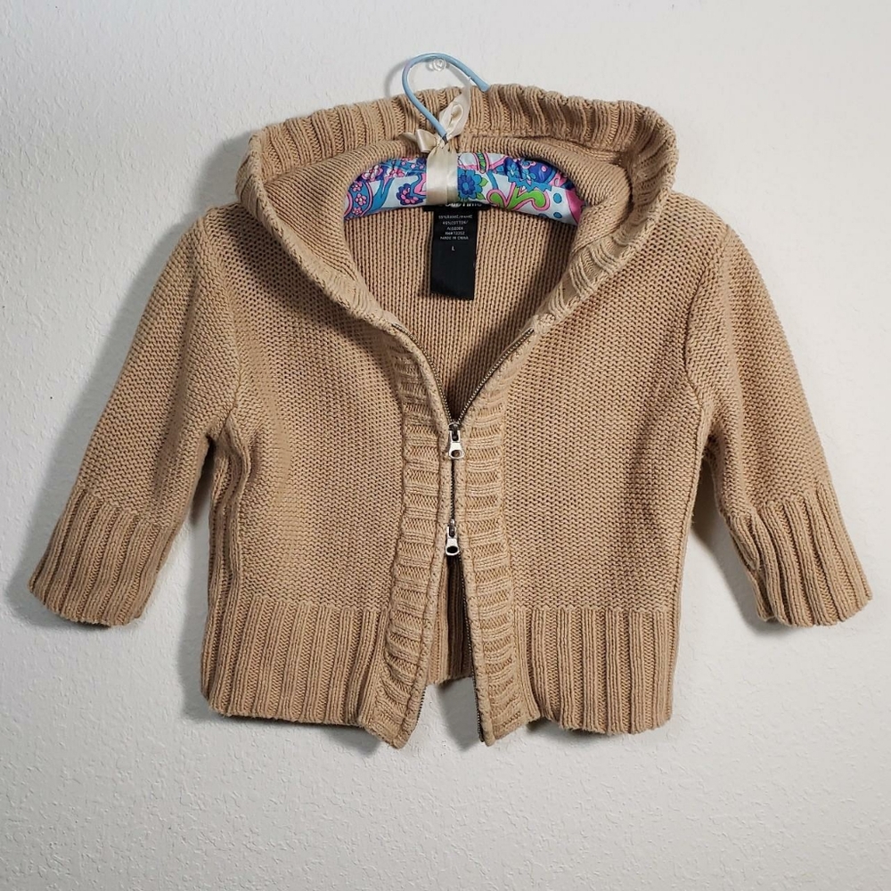 Y2K IT'S OUR TIME Tan Crop Knit Half Slv. Stretch Hooded Zip Cardigan Fits S/M